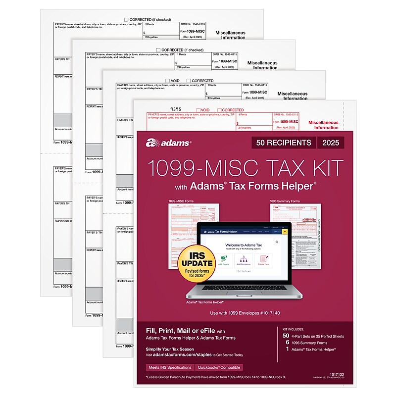 Adams 2025 1099-MISC Tax Forms Kit, 50/Pack, 4-Part, 2-Up, A, 1, B & 2, 50/Pack (STAX550MISC-25) image 1