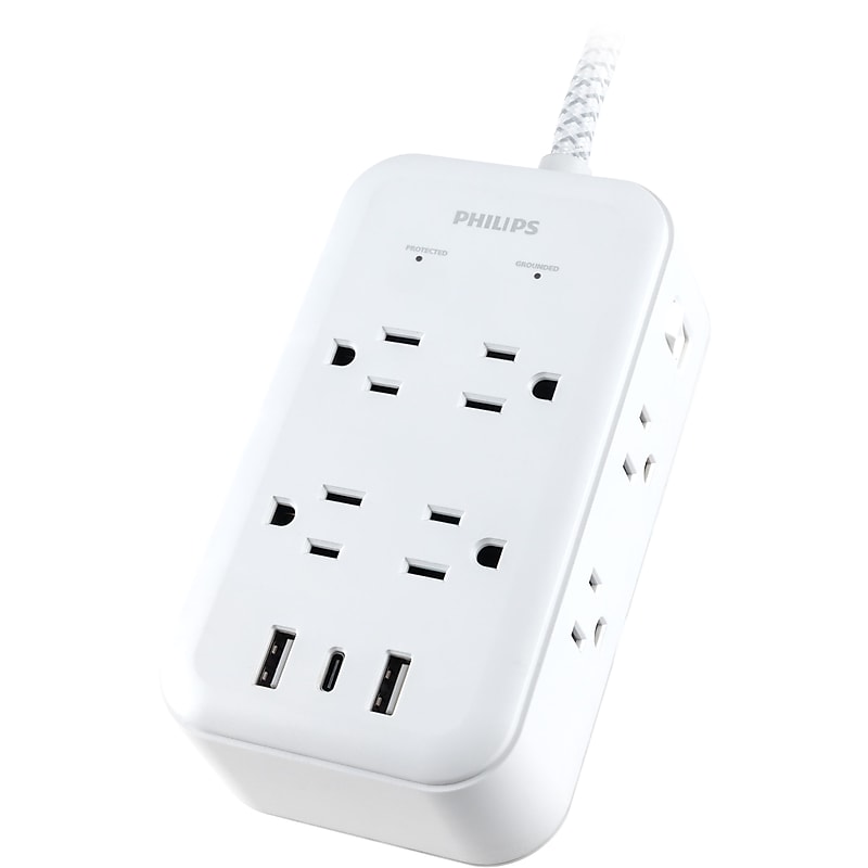 Philips 8-Outlet 3-USB Port Surge Protector, 6', 3120 Joules, White (SPP3245W/37) image 1