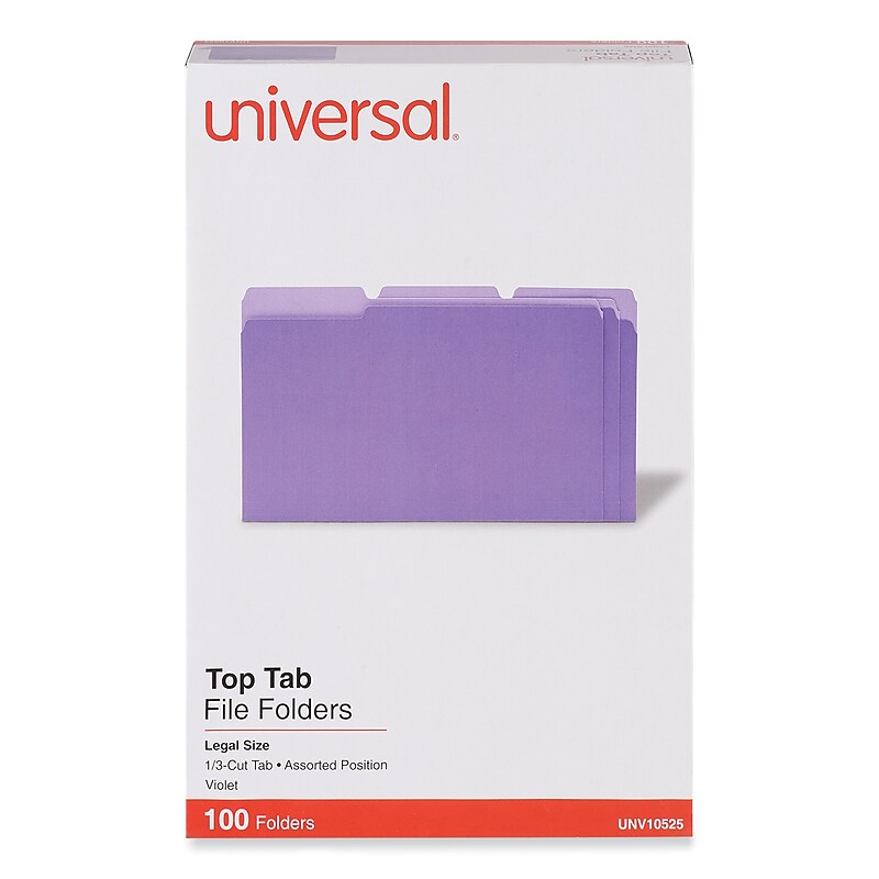 Universal File Folder, 3 Tab, Legal Size, Bright Violet, 100/Box (UNV10525) image 1