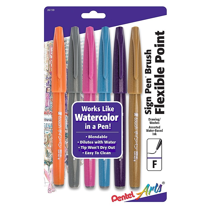 Pentel Arts Sign Pen, Assorted Colors, 6/Pack (PTASES15CBP6M1) image 1