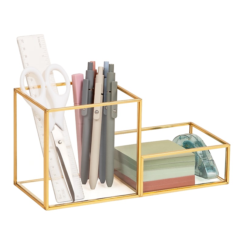 Mind Reader 2-Compartment Glass Desk Organizer, Gold (LG-GLD) image 1