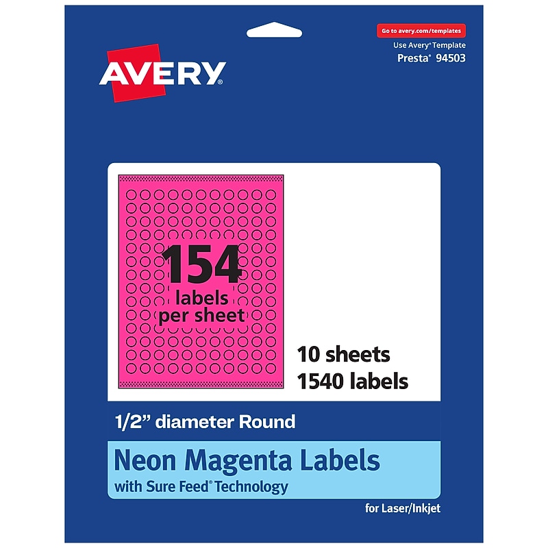 Avery Laser/Inkjet Round Multipurpose Labels, 0.5" Dia., Neon Magenta, 1540/Pack (94503) image 1