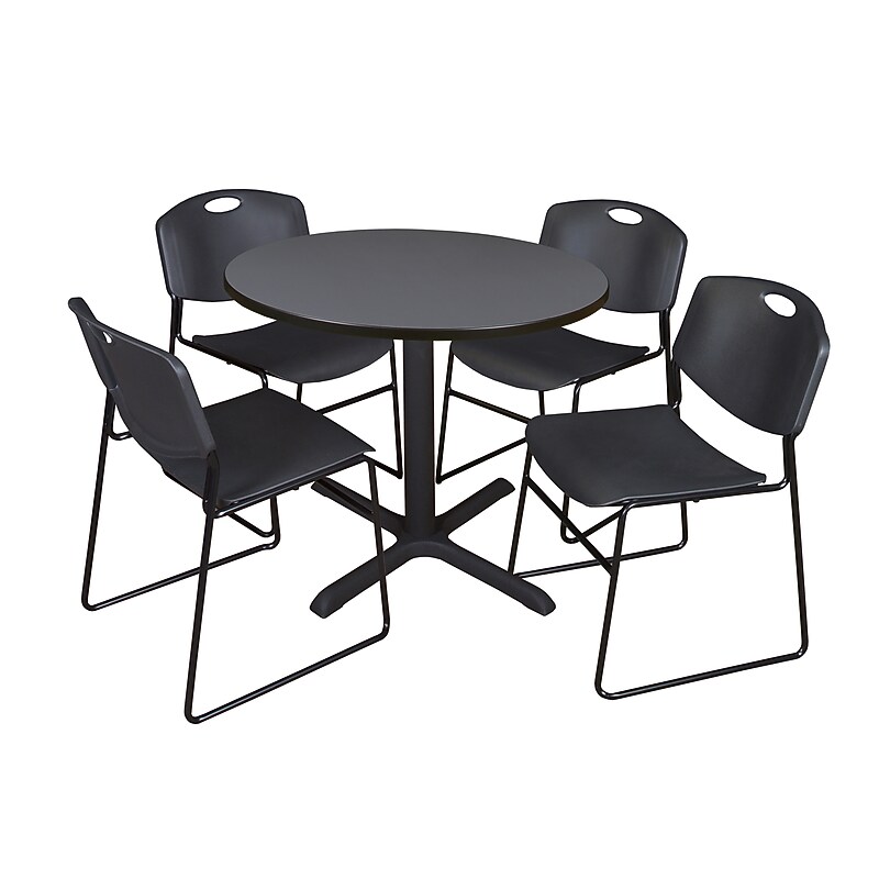 Regency 42-inch Laminate Round Table with 4 Zeng Stack Chairs, Gray & Black image 1