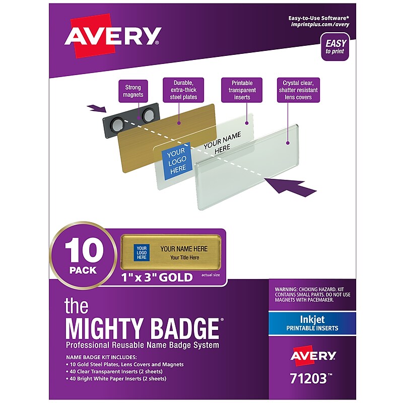 Avery The Mighty Badge Inkjet Reusable  Magnetic Name Badge System, 1" x 3", Gold, 80 Inserts, 10/Pack (71203) image 1
