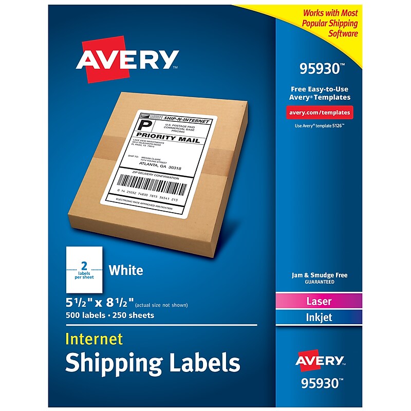 Avery Laser/Inkjet Shipping Labels, 5-1/2" x 8-1/2", White, 500 Labels/Box (95930) image 1