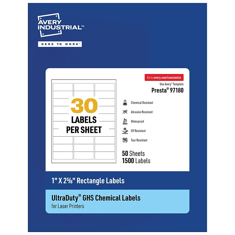 Avery Laser UltraDuty GHS Labels, 1" x 2 5/8", White, 1500 Labels/Box (97180) image 1