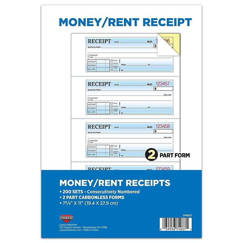 Cosco 2-Part Carbonless Receipts, 7.63" x 11", 200 Sets/Book (074037PK2) image 1