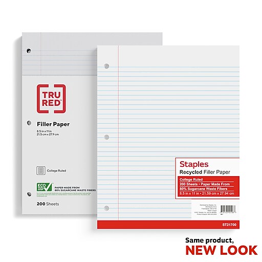 Staples® College Ruled Filler Paper, 8.5" x 11", White, 200 Sheets/Pack