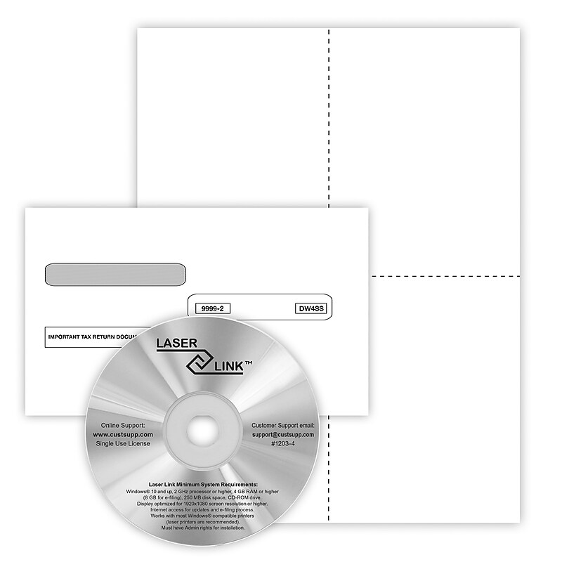 ComplyRight 2024 W-2 Recipient Copy Only Tax Form, Envelopes and LaserLink Software, 4-Up, White, 50/Pack (5209ES) image 1