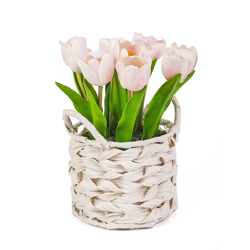 National Tree Company 10" Pink Tulip Bouquet in White Basket (MT81-10926GPK-1) image 1