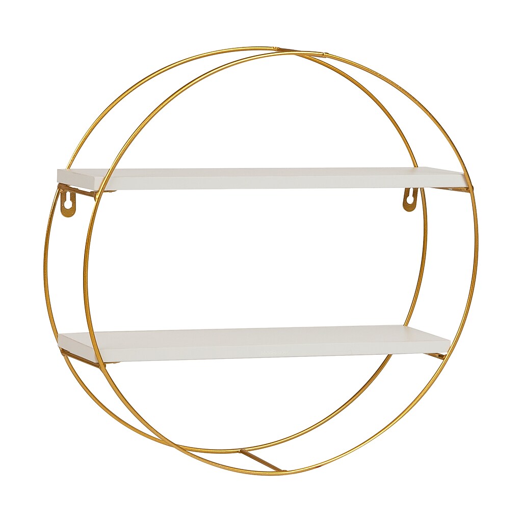 Product only image showing round gold frame and white shelves