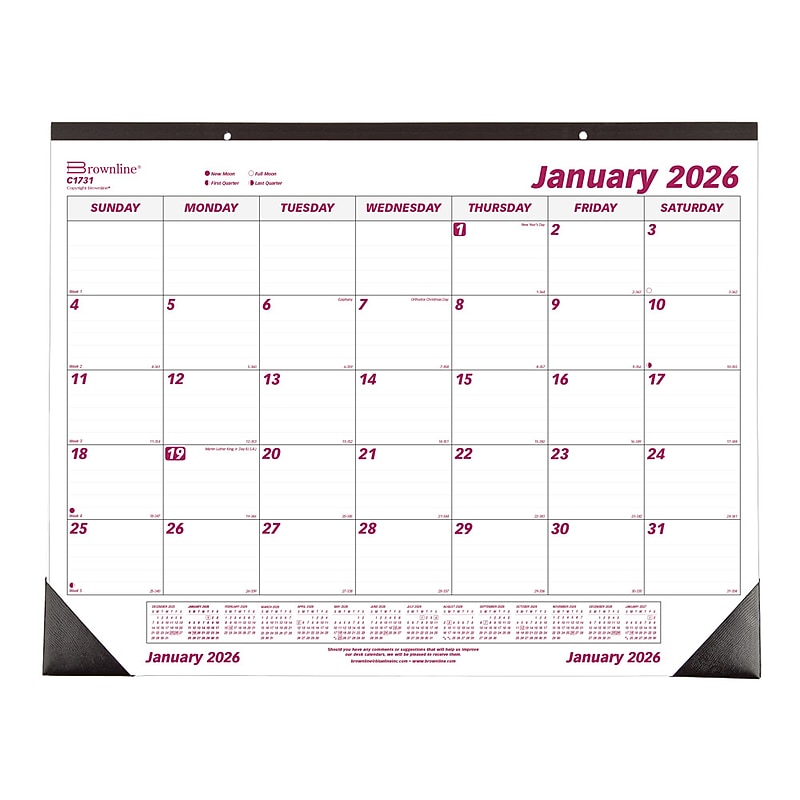 2026 Brownline 22" x 17" Monthly Desk or Wall Calendar, Burgundy/White (C1731) image 1