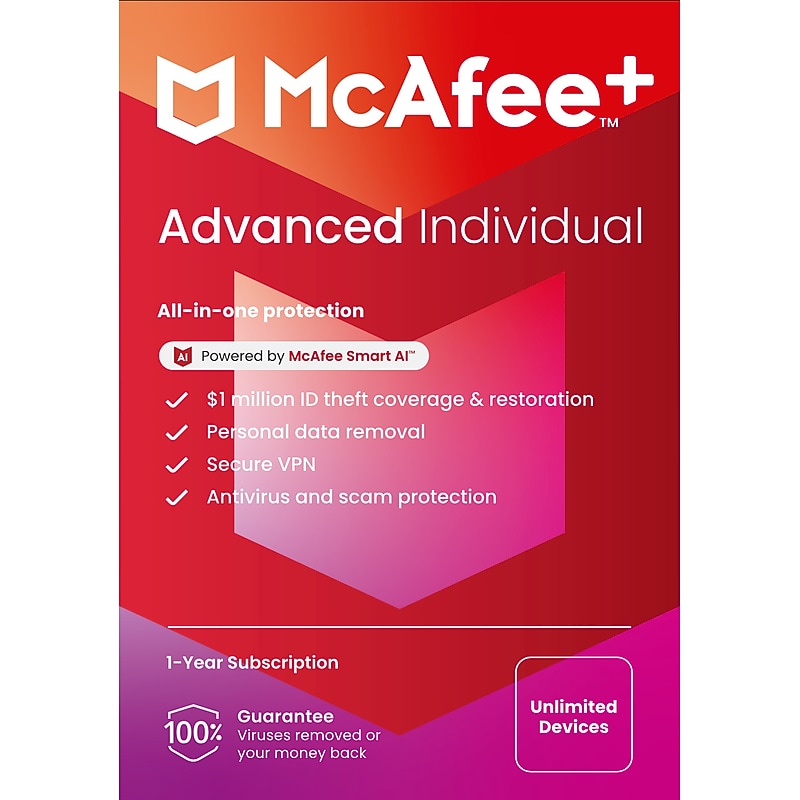 McAfee+ Advanced Individual for Unlimited Users, Windows/Mac/Android/iOS/ChromeOS, Product Key Card (MPP21ESTURFLM) image 1