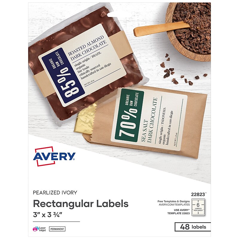 Avery Print-to-the-Edge Laser/Inkjet Rectangle Labels, 3" x 3 3/4", Pearlized Ivory, 48 Labels/Pack (22823) image 1