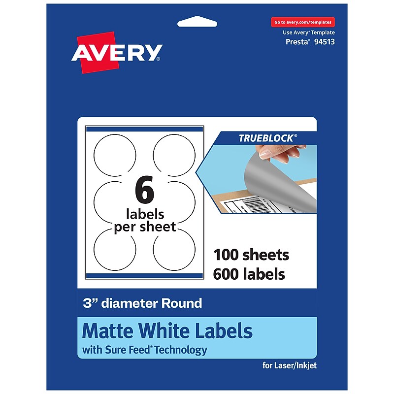 Avery Laser/Inkjet Round Multipurpose Labels, White, 6 Labels/Sheet, 100 Sheets/Pack (94513-TWMP100) image 1