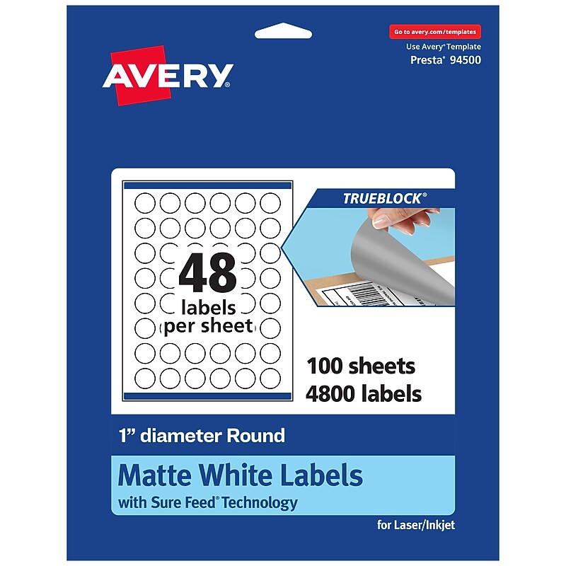 Avery Laser/Inkjet Round Multipurpose Labels, White, 48 Labels/Sheet, 100 Sheets/Pack (94500-TWMP100) image 1