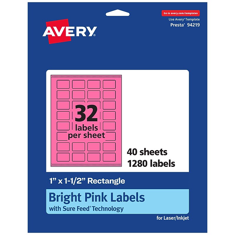 Avery Laser/Inkjet Rectangle Multipurpose Labels, 1" x 1.5", Bright Pink, 1280/Pack (94219) image 1