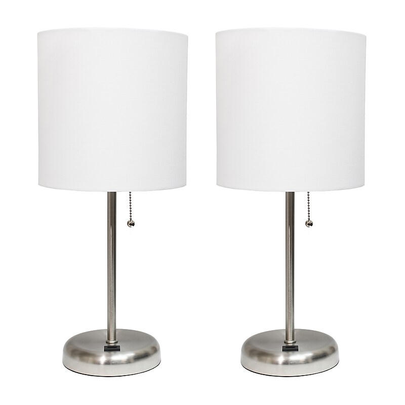Creekwood Home Oslo Duo 19.5" LED Table Lamp with USB Port, Brushed Steel/White Shade, 2/Set (CWT-2012-WH-2PK) image 1