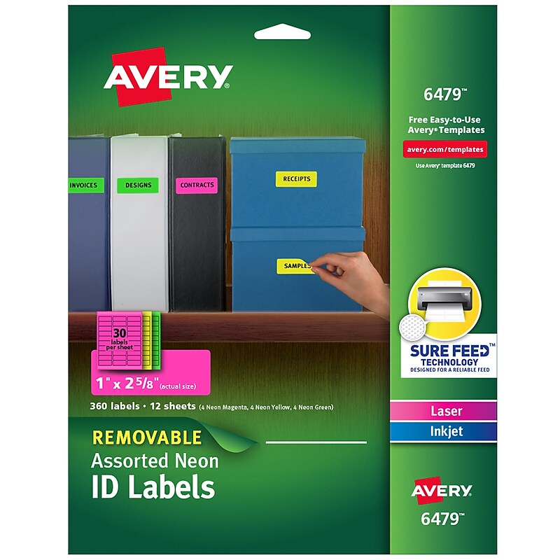 Avery Sure Feed Laser/Inkjet ID Labels, 1" x 2-5/8", Assorted Neon, 360 Labels/Pack (6479) image 1