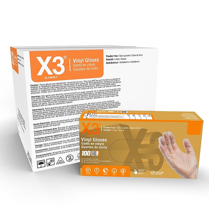X3 Powder Free Vinyl Gloves, Latex Free, Clear, Large, 100/Box, 10