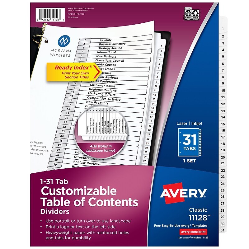 Avery Ready Index Table of Contents Pre-Printed Numeric Paper Divider, 31 Tabs, White, 1 Set (11128/RI21331C) image 1
