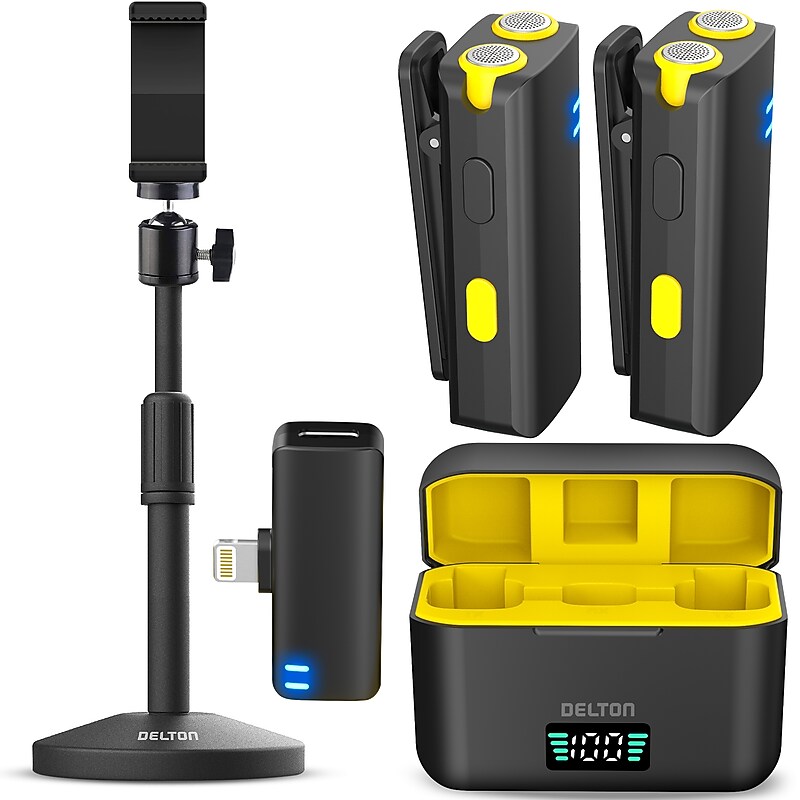 Delton M27L Two Wireless Lavalier Microphones and Lightning Receiver and Camera & Phone Stand Bundle, Black (DMCM27LKT1) image 1