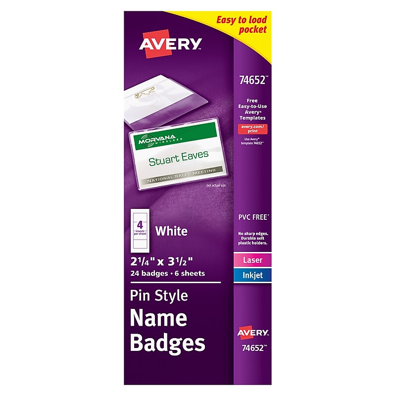 Avery Pin Style Laser/Inkjet Name Badge Kit, 2 1/4" x 3 1/2", Clear Holders with White Inserts, 24/Pack (74652) image 1
