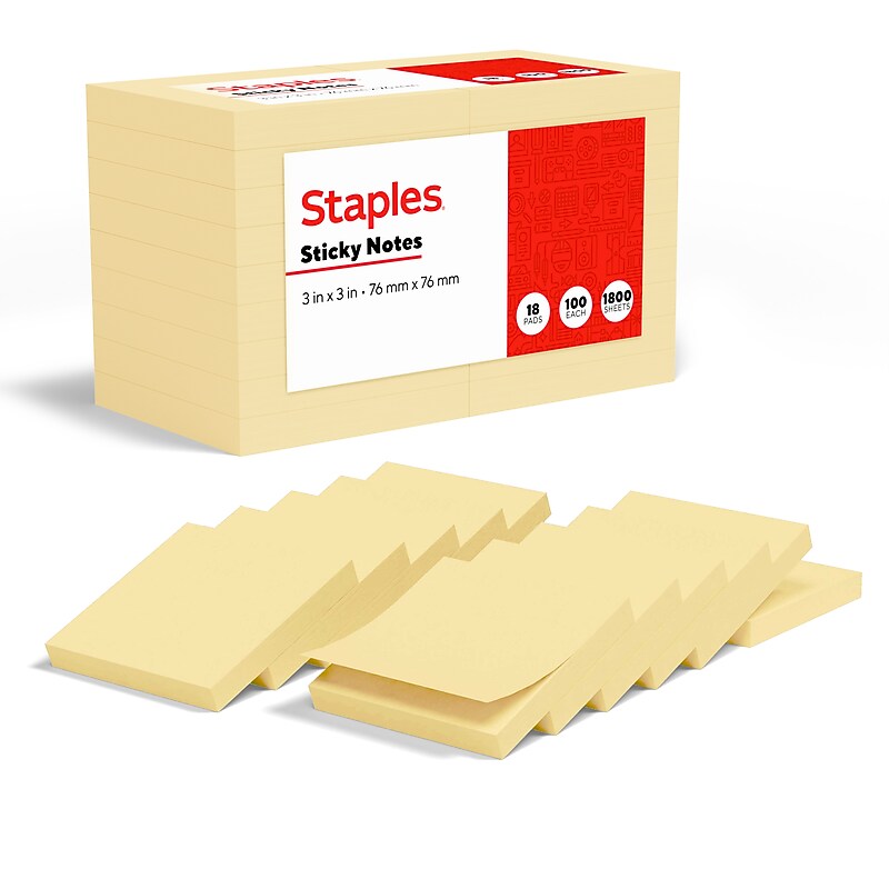 Staples Sticky Notes, 3" x 3", Yellow, 100 Sheets/Pad, 18 Pads/Pack (S-33-YW-18) image 1