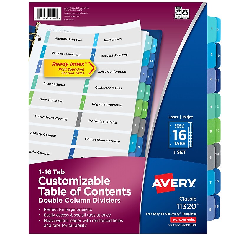 Avery Ready Index Table of Contents Double Column Paper Dividers, 16 Tabs, Multicolored (11320) image 1