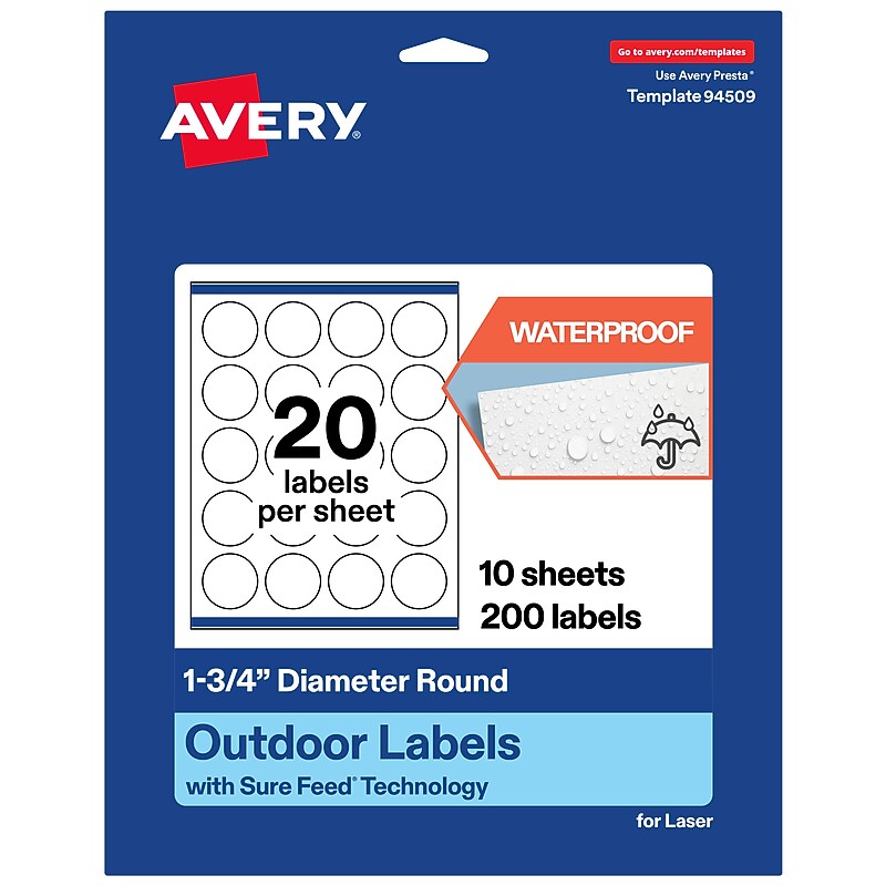 Avery Waterproof Round Laser Multipurpose Labels, 1.75" Dia., White, 200/Pack (19479399436) image 1