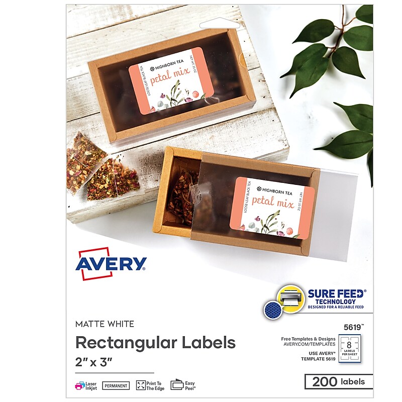 Avery Laser/Inkjet Multipurpose Labels with Sure Feed, 2" x 3", White, 200 Labels/Box (5619) image 1