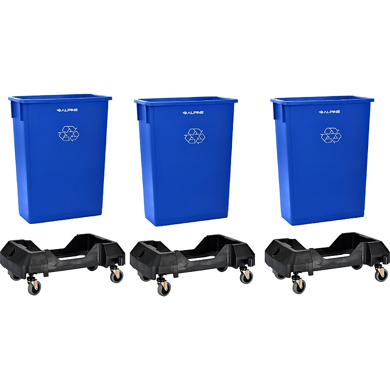 Alpine Industries Polypropylene Recycling Bin and Dolly, 69 Gallon, Blue, 3/Pack (ALP477-BLU-3PKD) image 1