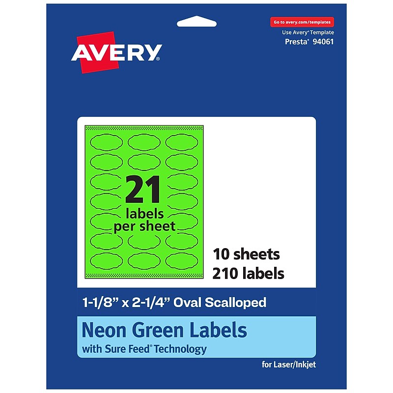 Avery Decorative Edge Multipurpose Labels, 1-1/8" x 2-1/4", Neon Green, 210/Pack (94061) image 1