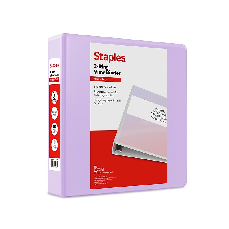 Staples Heavy Duty 2" 3-Ring View Binder, D-Ring, Light Purple (ST63093) image 1