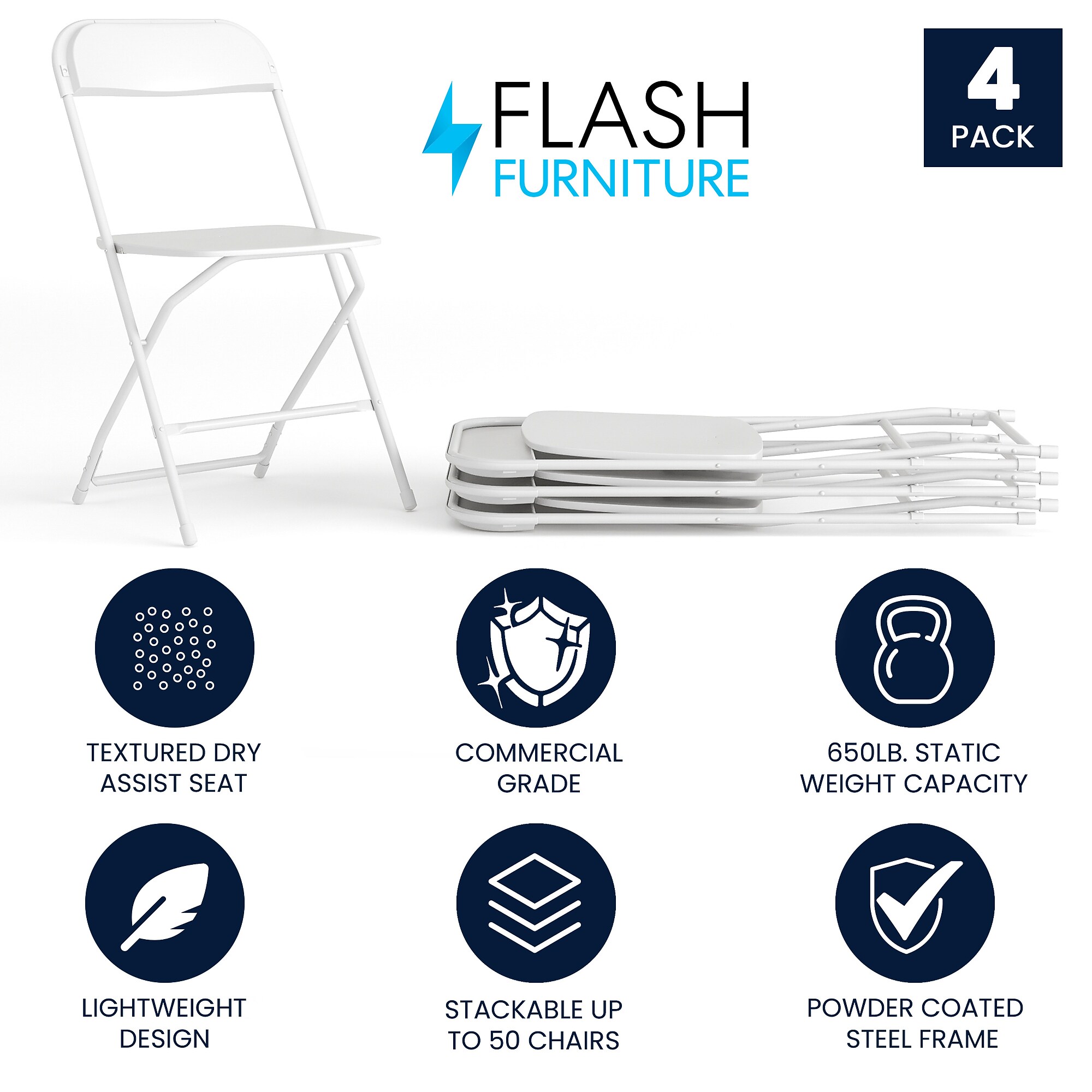 Flash Furniture HERCULES Plastic Folding Chair, Premium White, 4/Pack (4LEL3WHITE) Sansujyuku sansujyuku.com