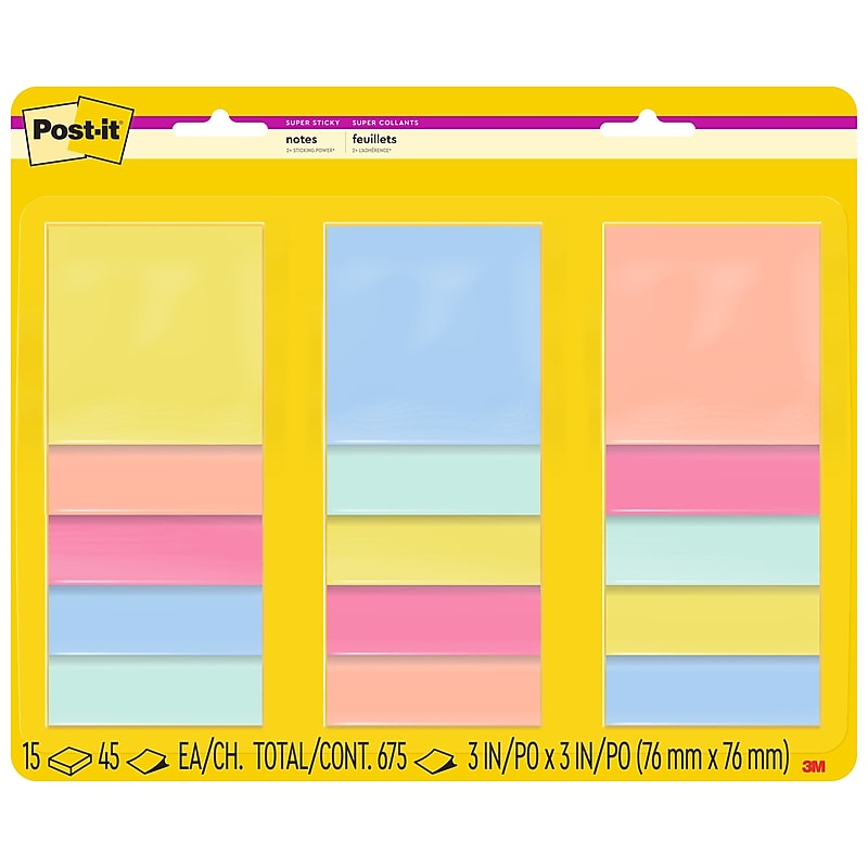 Post-it Super Sticky Notes, 3" x 3", Summer Joy Collection, 45 Sheets/Pad, 15 Pads/Pack (654-15SSJOY) image 1