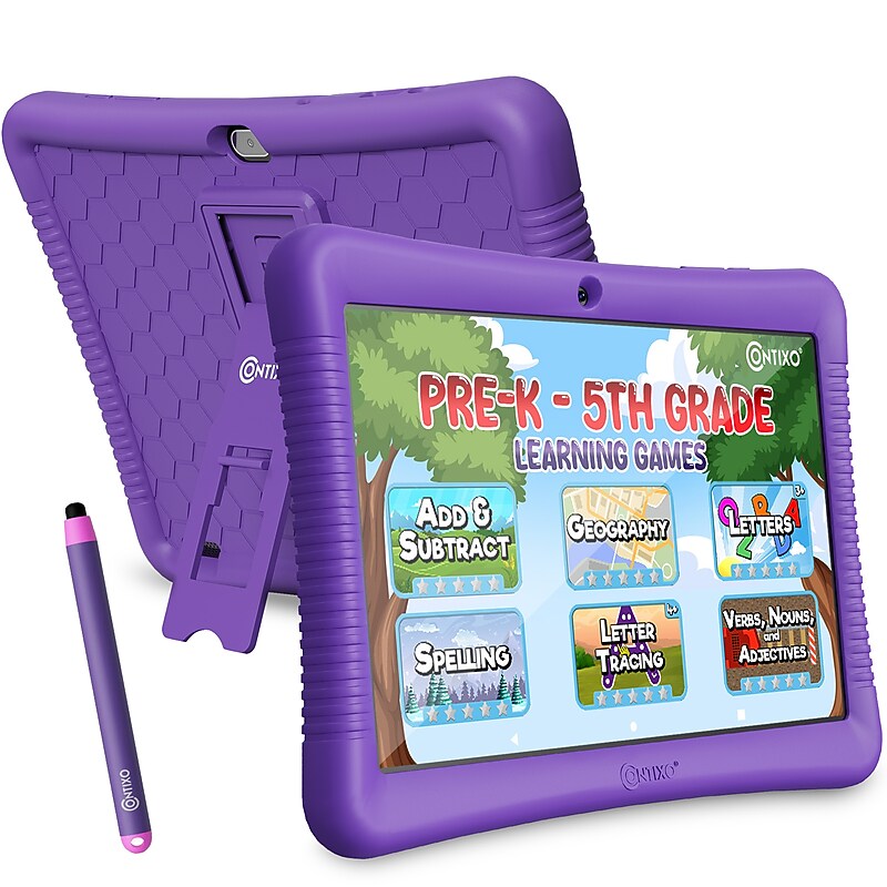Contixo K102 10” Tablet, QuadCore Cortex-A100, WiFi, 32GB, Android, Bundled with Disney eBooks, Stylus, Kid Proof Case, Purple image 1