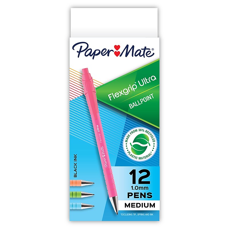 Paper Mate FlexGrip Ultra Retractable Ballpoint Pen, Medium Point, 1.0mm, Black Ink, Dozen (2204001) image 1