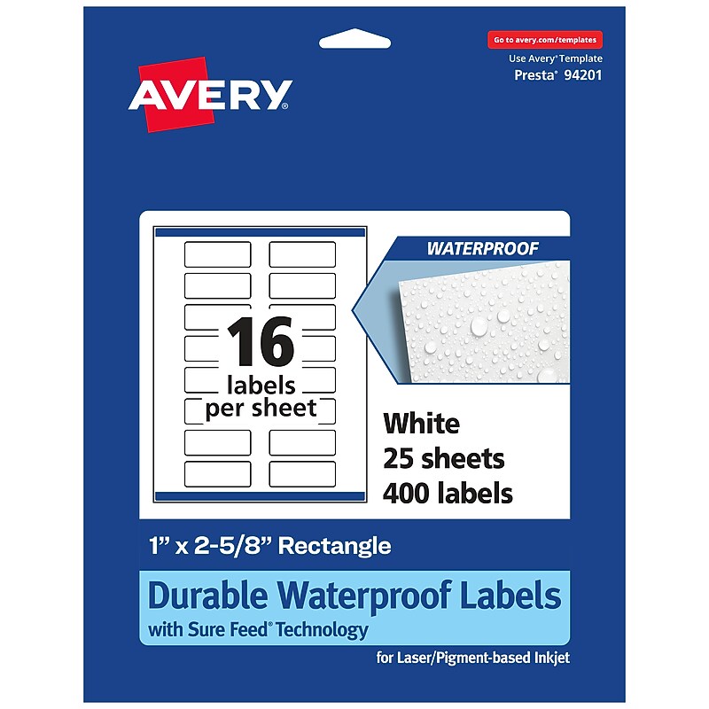 Avery Laser/Inkjet Rectangle Waterproof Multipurpose Labels, 2.625"  x 1", White, 400/Pack (94201) image 1