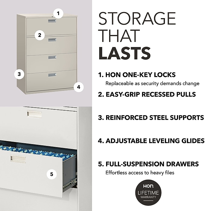 HON Brigade 600 Series 4-Drawer Lateral File Cabinet, Locking