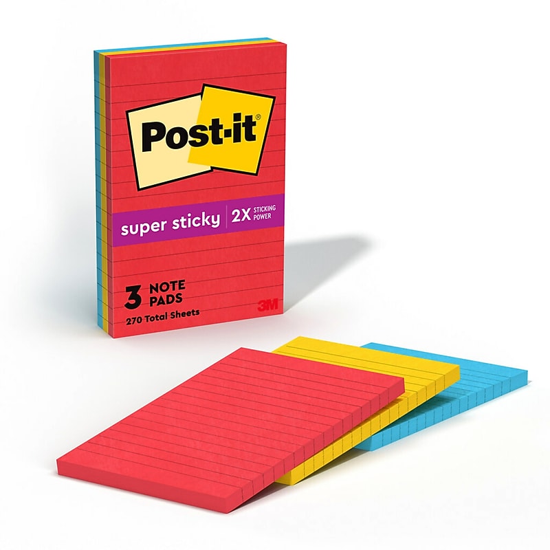 Post-it Super Sticky Notes, 4" x 6", Playful Primaries Collection, Lined, 90 Sheet/Pad, 3 Pads/Pack (6603SSAN) image 1