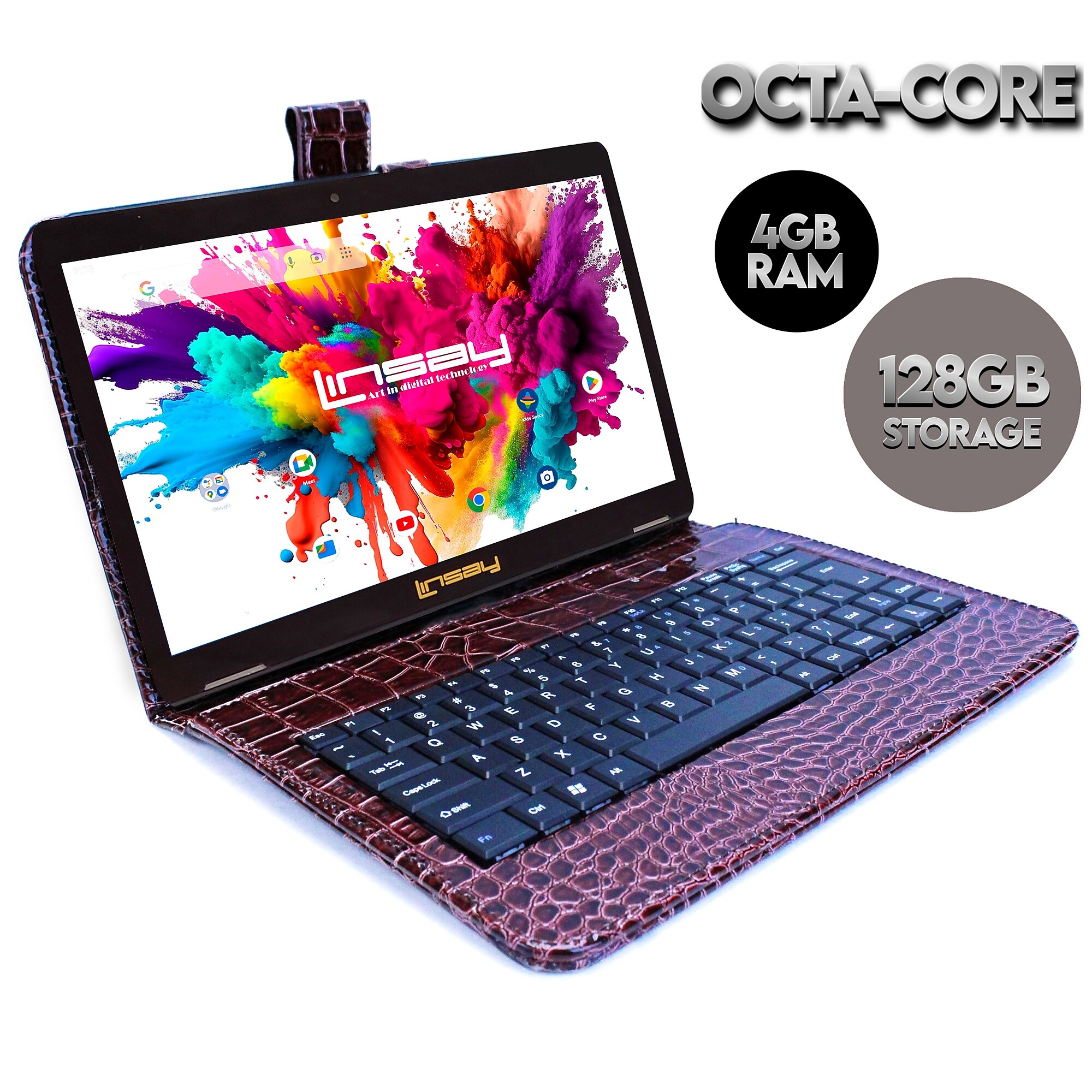 Linsay Octa Core 10.1″ Tablet, 128GB Storage, Android 15, Bundled with Brown Crocodile Keyboard and Stylus Pen Sansujyuku sansujyuku.com