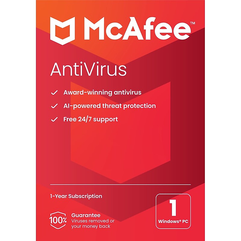 McAfee AntiVirus for 1 User, Windows, Product Key Card (MAB21EST1RAAM) image 1