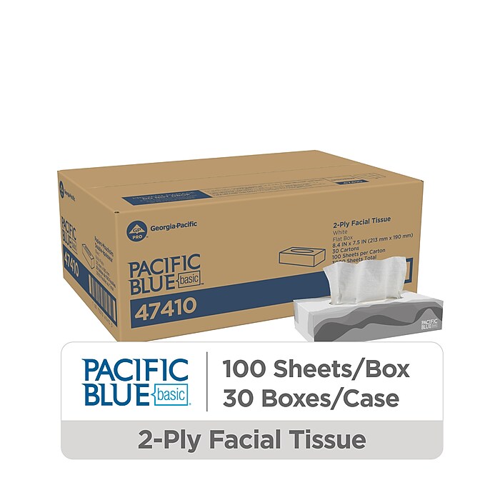 Pacific Blue Basic Facial Tissue, 2-ply, 100 Tissues/Box, 30 Boxes