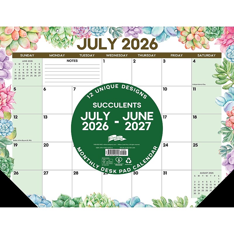 2026-2027 Willow Creek 22" x 17" Academic Monthly Desk Pad Calendar, Succulents (64726) image 1