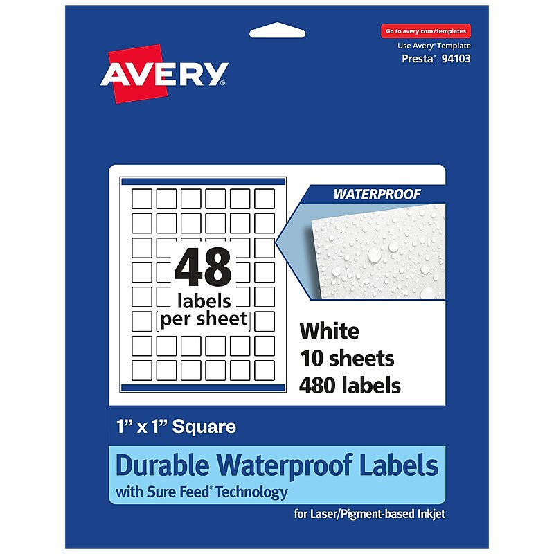 Avery Laser/Inkjet Square Durable Waterproof Labels, 1" x 1", White, 480 Labels/Pack (94103) image 1