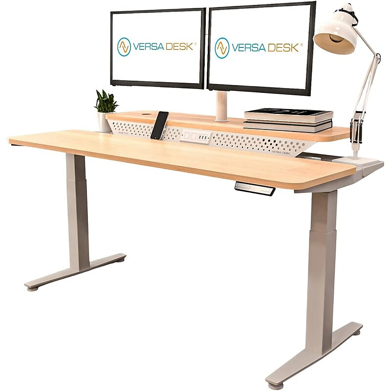 VersaDesk PowerLift Split-Level 60"W Electric Rectangular Adjustable Standing Desk, Maple/White (PL2SD6030-WM) image 1