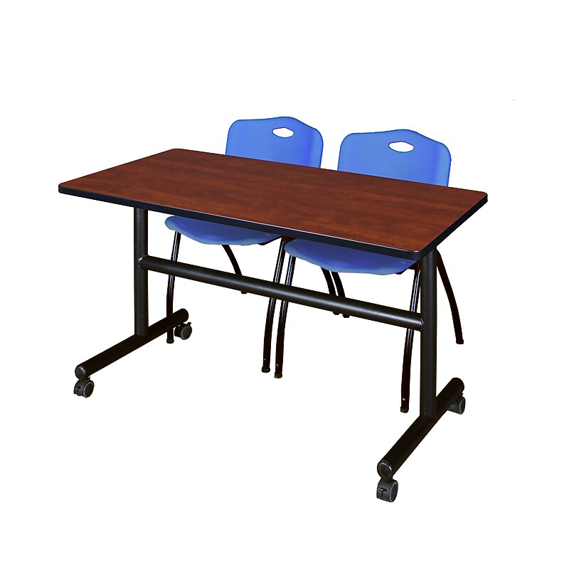 Regency Kobe 48" Flip Top Mobile Training Table- Cherry & 2 'M' Stack Chairs- Blue image 1