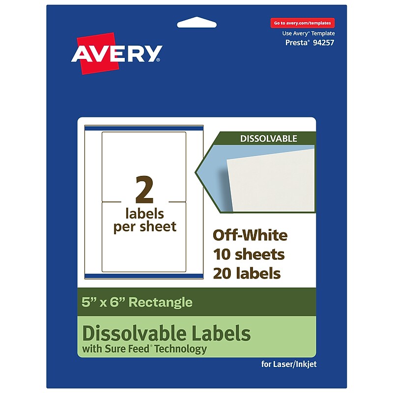 Avery Dissolvable Rectangle Multipurpose Labels, 5" x 6", Off-white, 20/Pack (94257) image 1