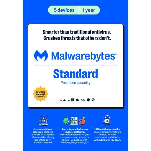 Malwarebytes Standard, Premium Security 5-Device, 1 Year, Windows